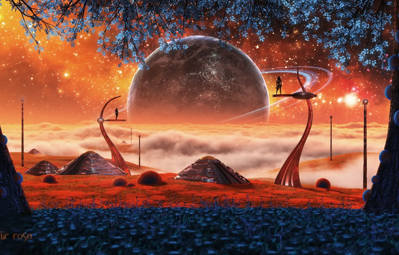 Photo wallpaper trees, flowers, rendering, people, fiction, planet