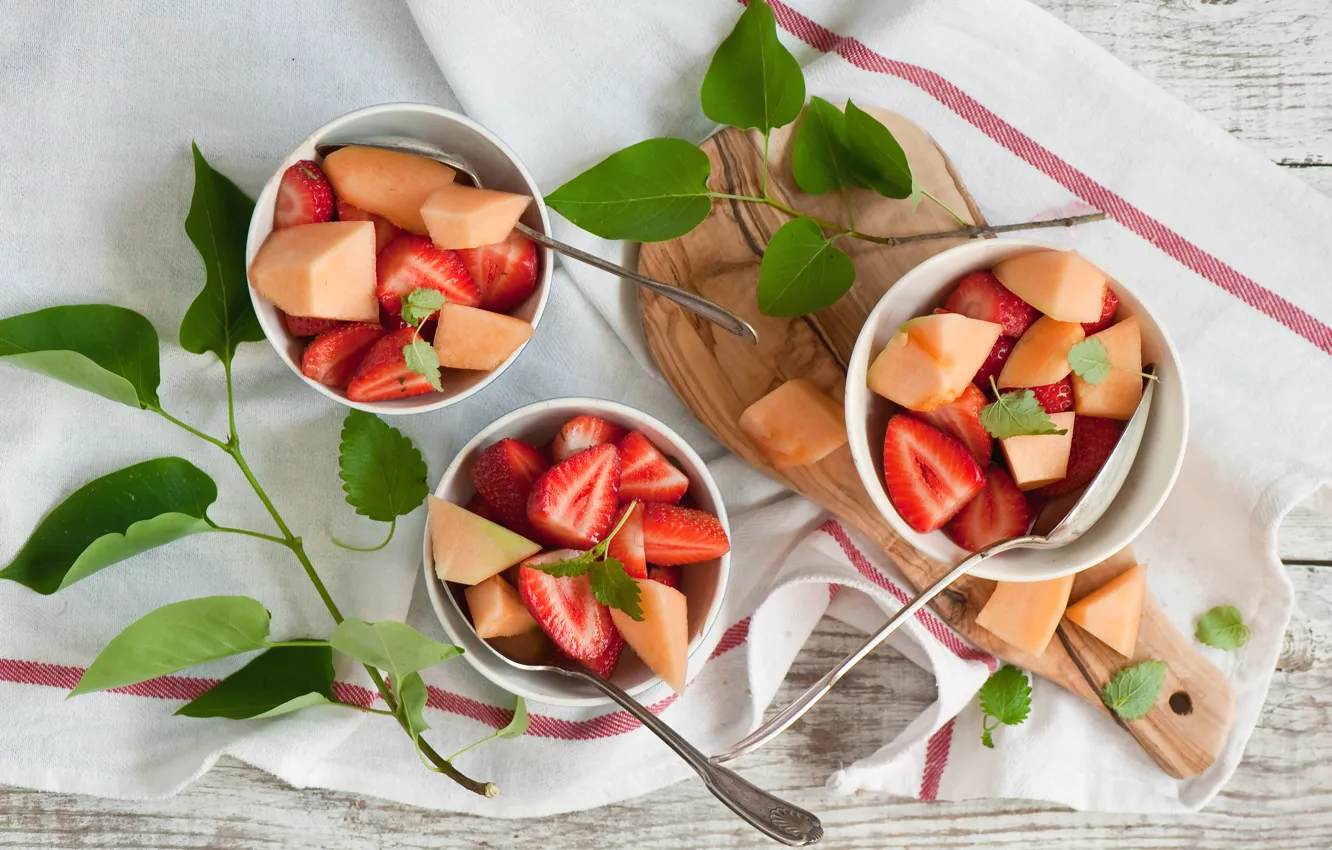 Photo wallpaper leaves, berries, strawberry, fruit, fruit salad