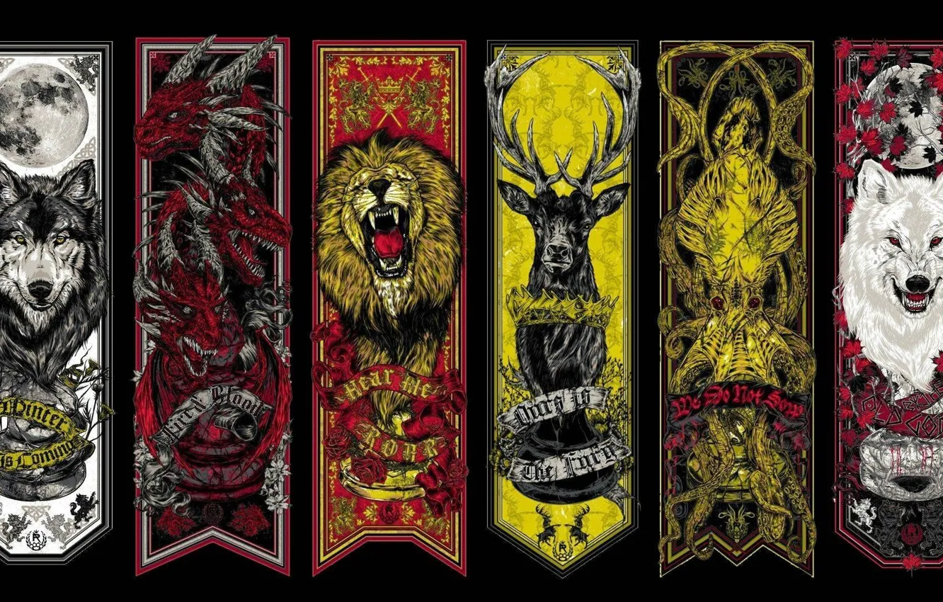 Photo wallpaper moon, crow, lion, wolf, dragon, A Song of Ice and Fire, Game of Thrones, Winterfell