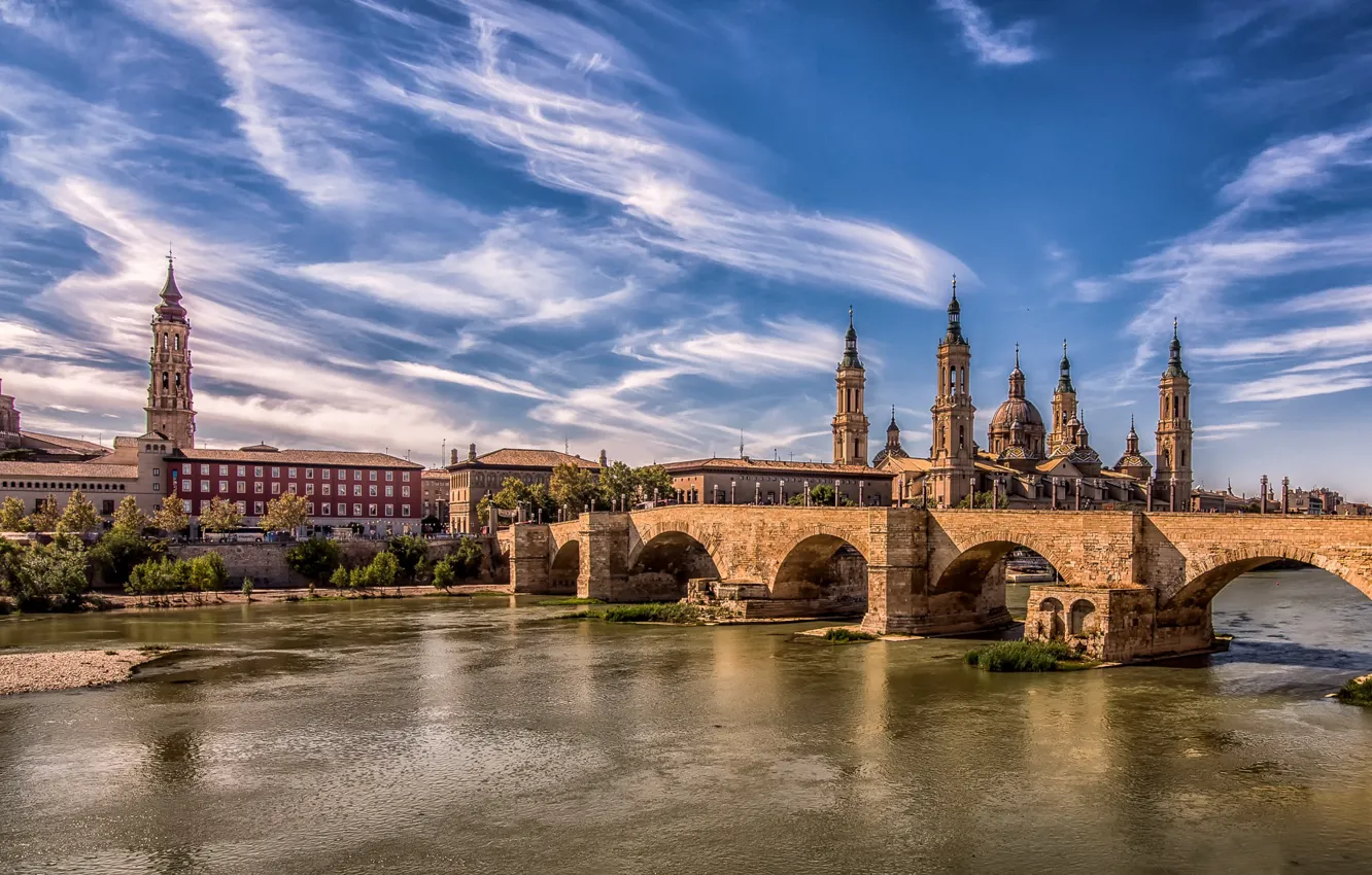 Photo wallpaper bridge, the city, tower, Spain, Zaragoza