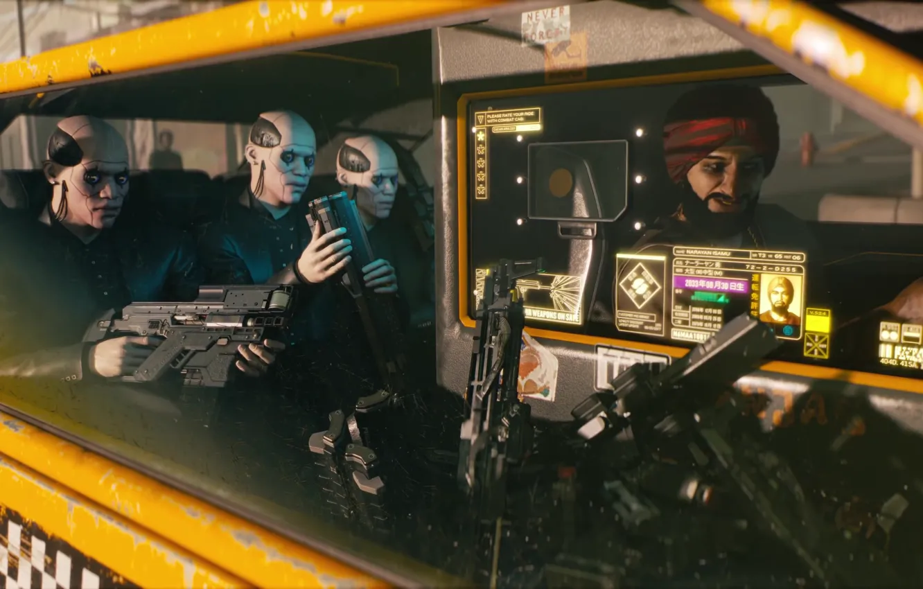 Photo wallpaper weapons, the game, taxi, cyborg, cyberpunk, CD Projekt RED, Cyberpunk 2077, Cyberpunk