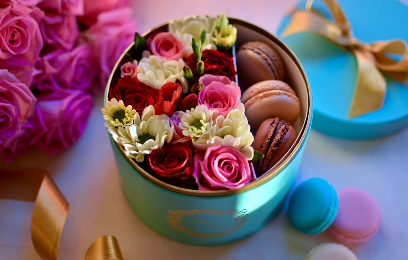 Photo wallpaper flowers, box, gift, roses, macaroon