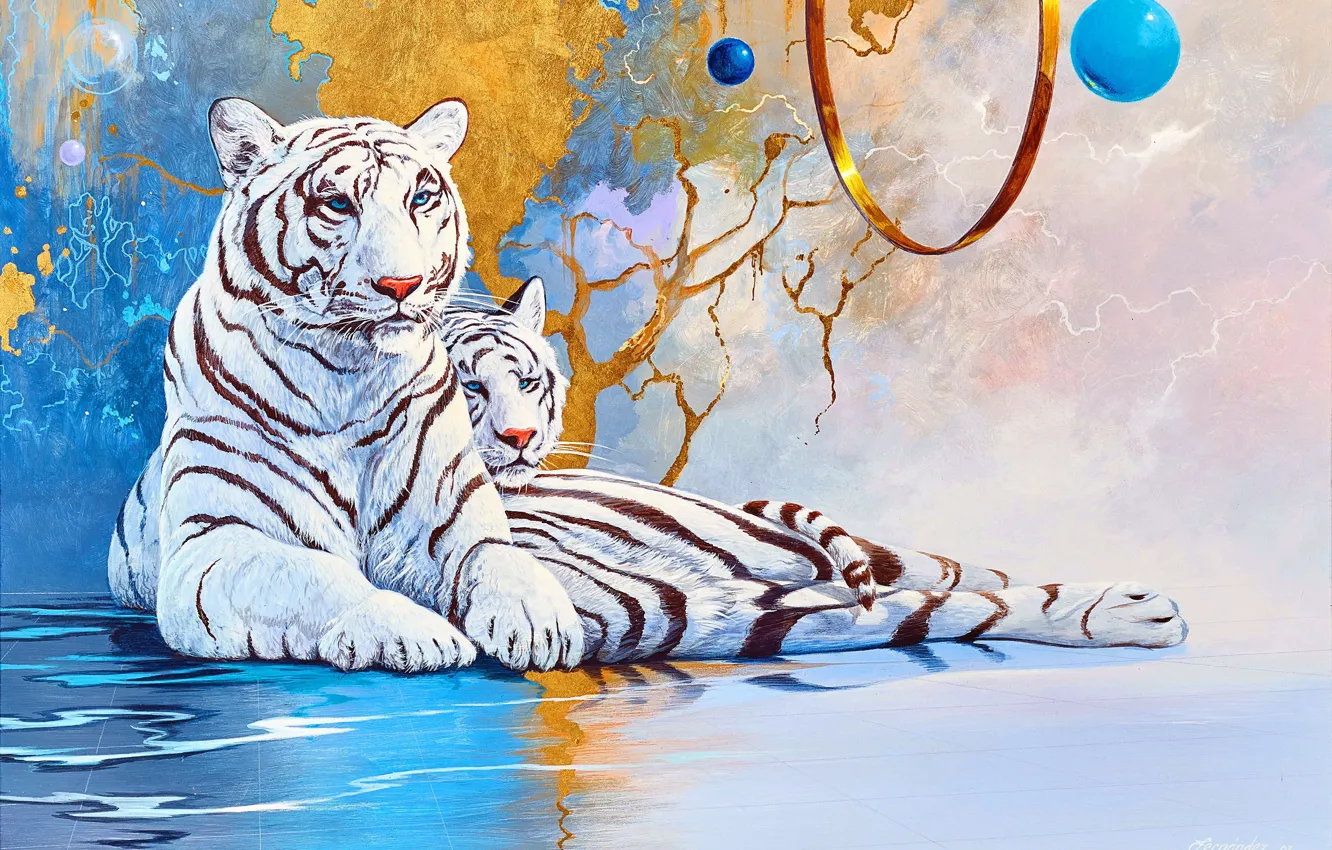 Photo wallpaper Picture, Two, Tigers, Cuban artist, Mario Fernandez, Enchanted moment, Mario Fernandez