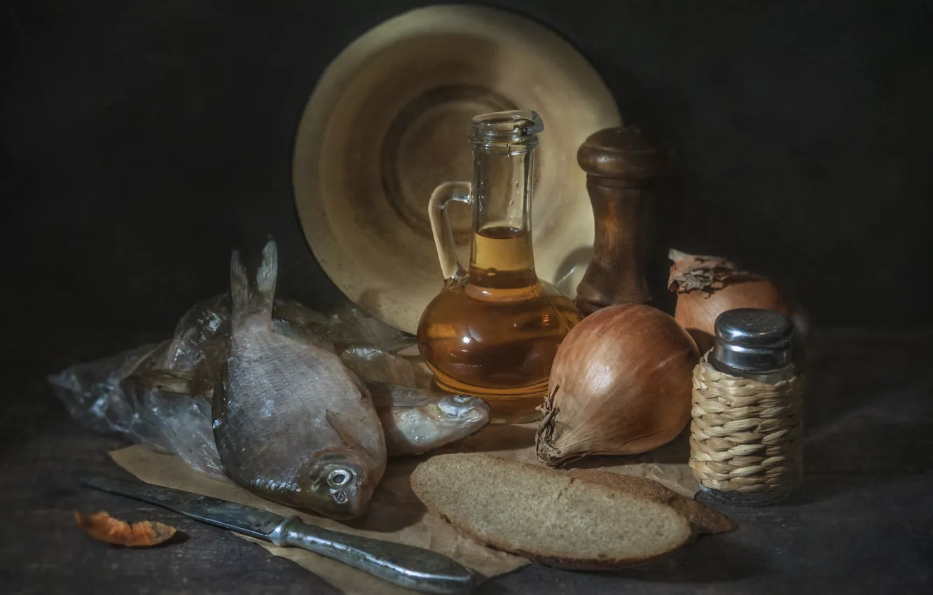 Photo wallpaper light, paper, the dark background, table, bottle, oil, fish, bow