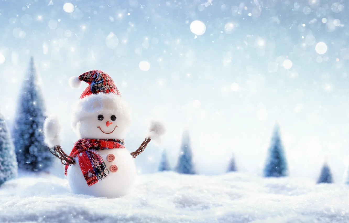 Photo wallpaper winter, forest, snow, smile, holiday, toy, scarf, Christmas
