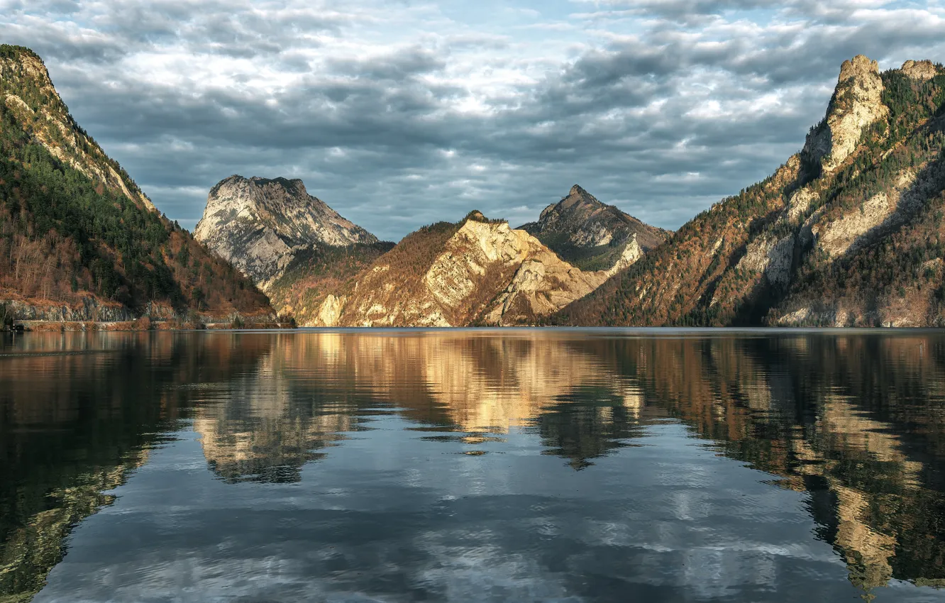 Photo wallpaper clouds, mountains, beauty, Austria, space, the reflection in the water, mountain lake, Shimakovsky Yuri