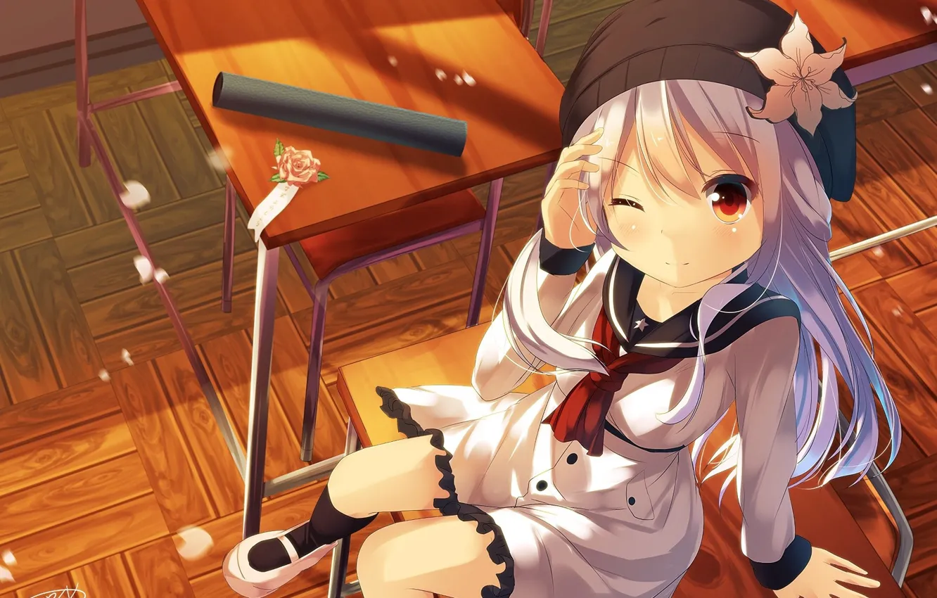 Photo wallpaper flooring, class, schoolgirl, knee, tear, takes, desks, winks