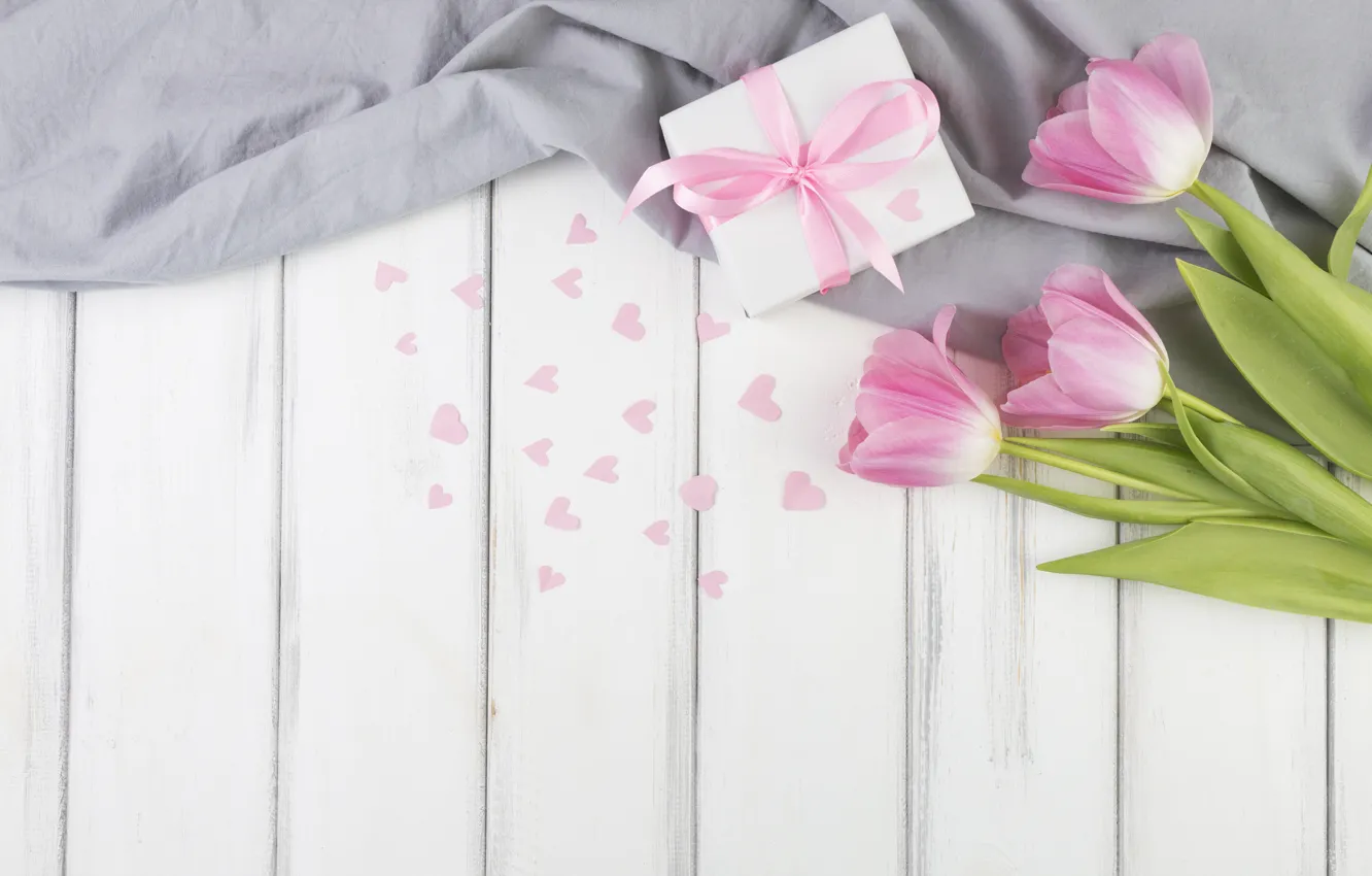 Photo wallpaper flowers, bouquet, hearts, tulips, pink, wood, flowers, present