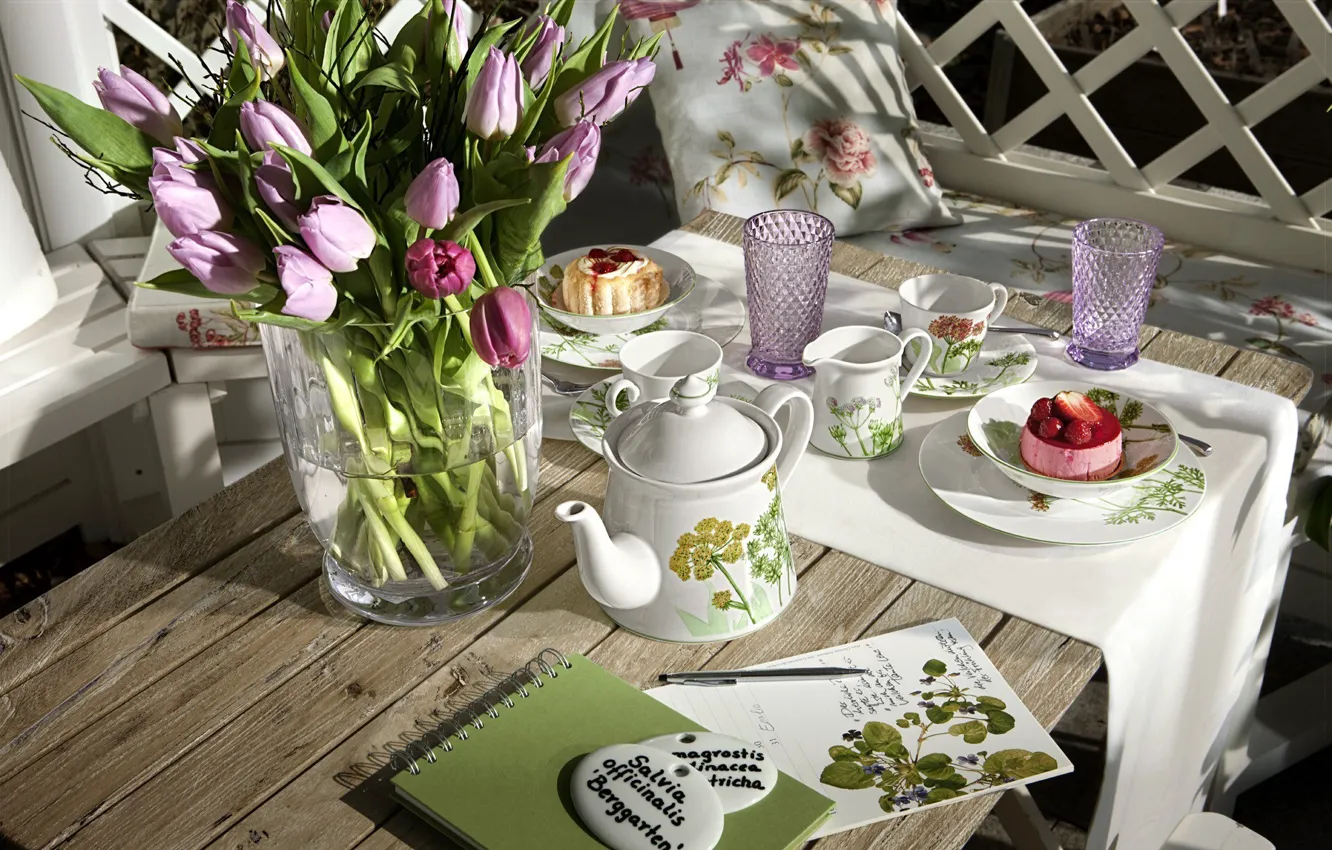 Photo wallpaper tea, interior, Cup, tulips, dishes, vase, cupcakes