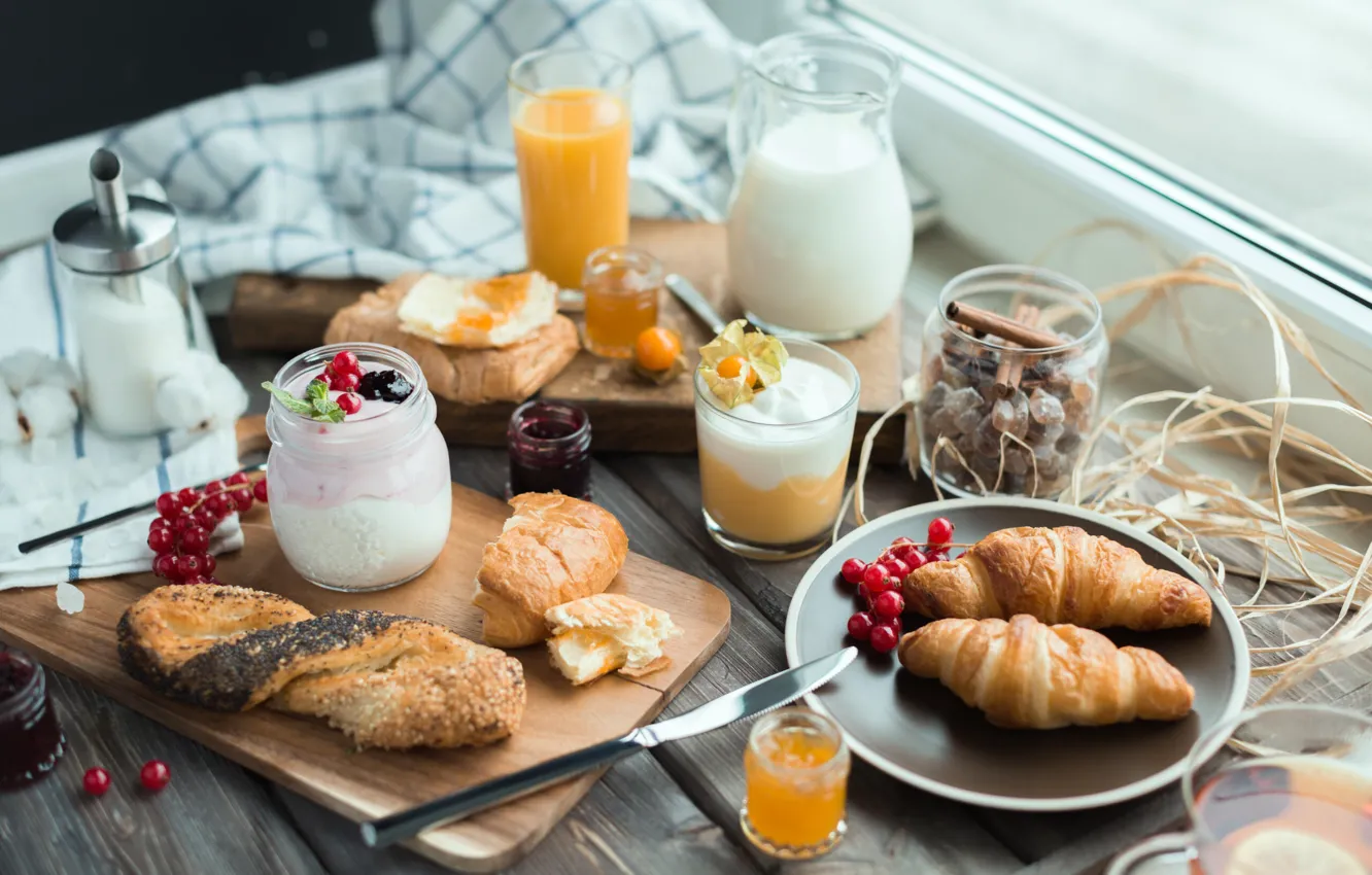 Photo wallpaper berries, Breakfast, milk, juice, currants, croissant