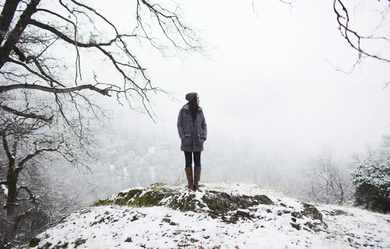 Photo wallpaper winter, girl, snow, hat, boots, brunette, profile