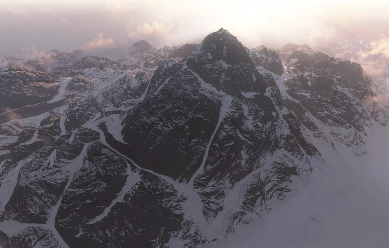 Photo wallpaper clouds, snow, mountains, art, haze, peak, ridge