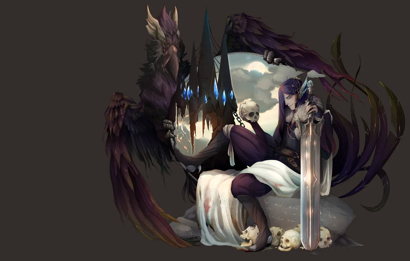 Photo wallpaper weapons, bird, the game, skull, sword, art, guy, Phoenix