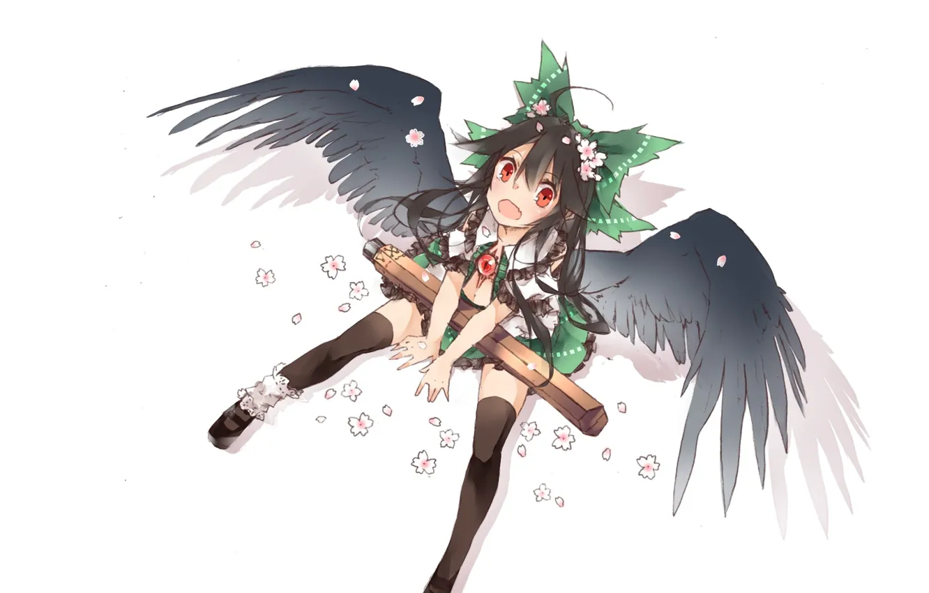 Photo wallpaper shadow, white background, flowers, reiu equipment, utsuho, touhou, black stockings, third eye, looking up