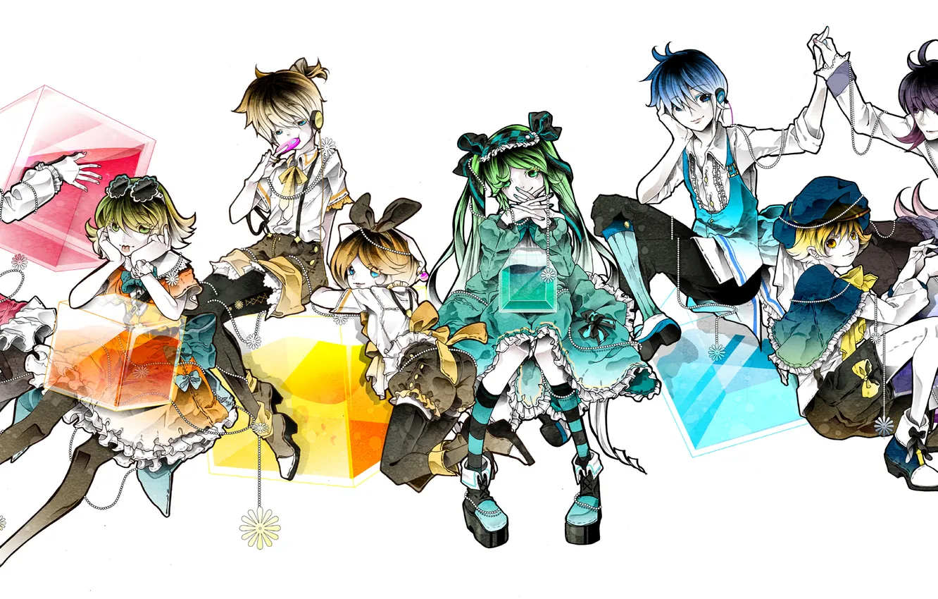 Photo wallpaper girls, anime, headphones, art, guys, vocaloid, hatsune miku, kagamine rin