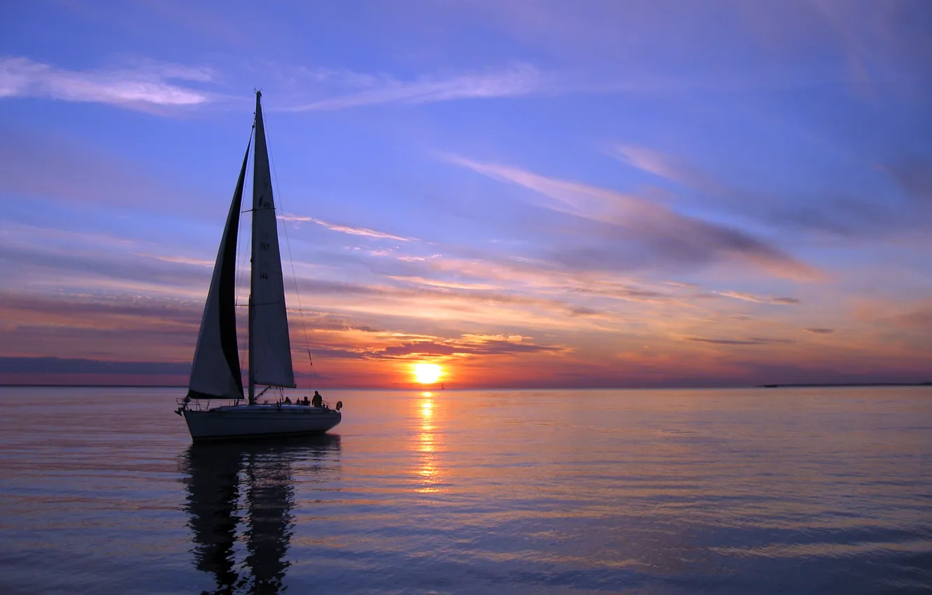 Photo wallpaper sea, the sky, the sun, sunset, sailboat
