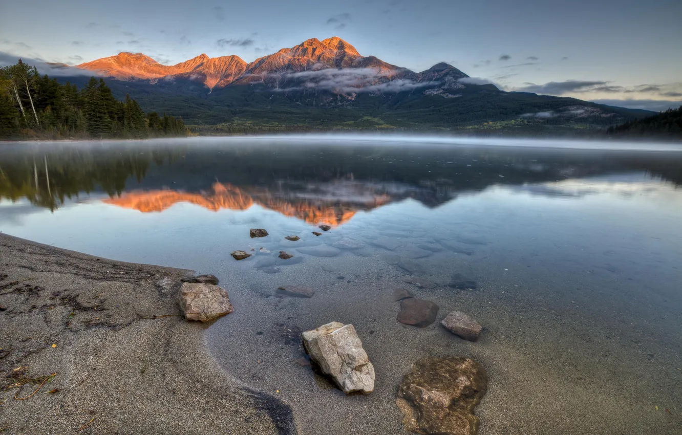 Photo wallpaper forest, mountains, nature, lake, shore, Canada, haze