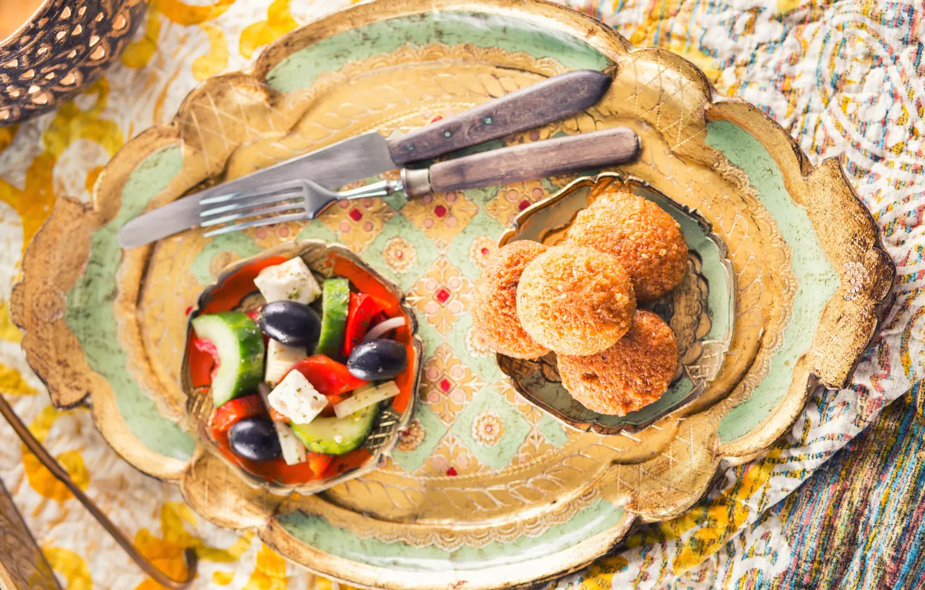 Photo wallpaper cheese, knife, dishes, pepper, plug, olives, tray, cupcakes