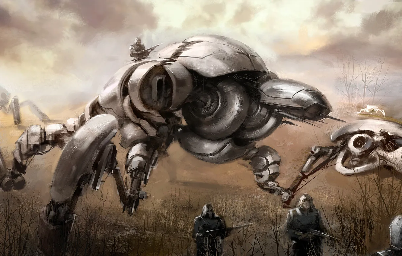 Photo wallpaper trees, weapons, war, robot, soldiers, the bushes, shagatel