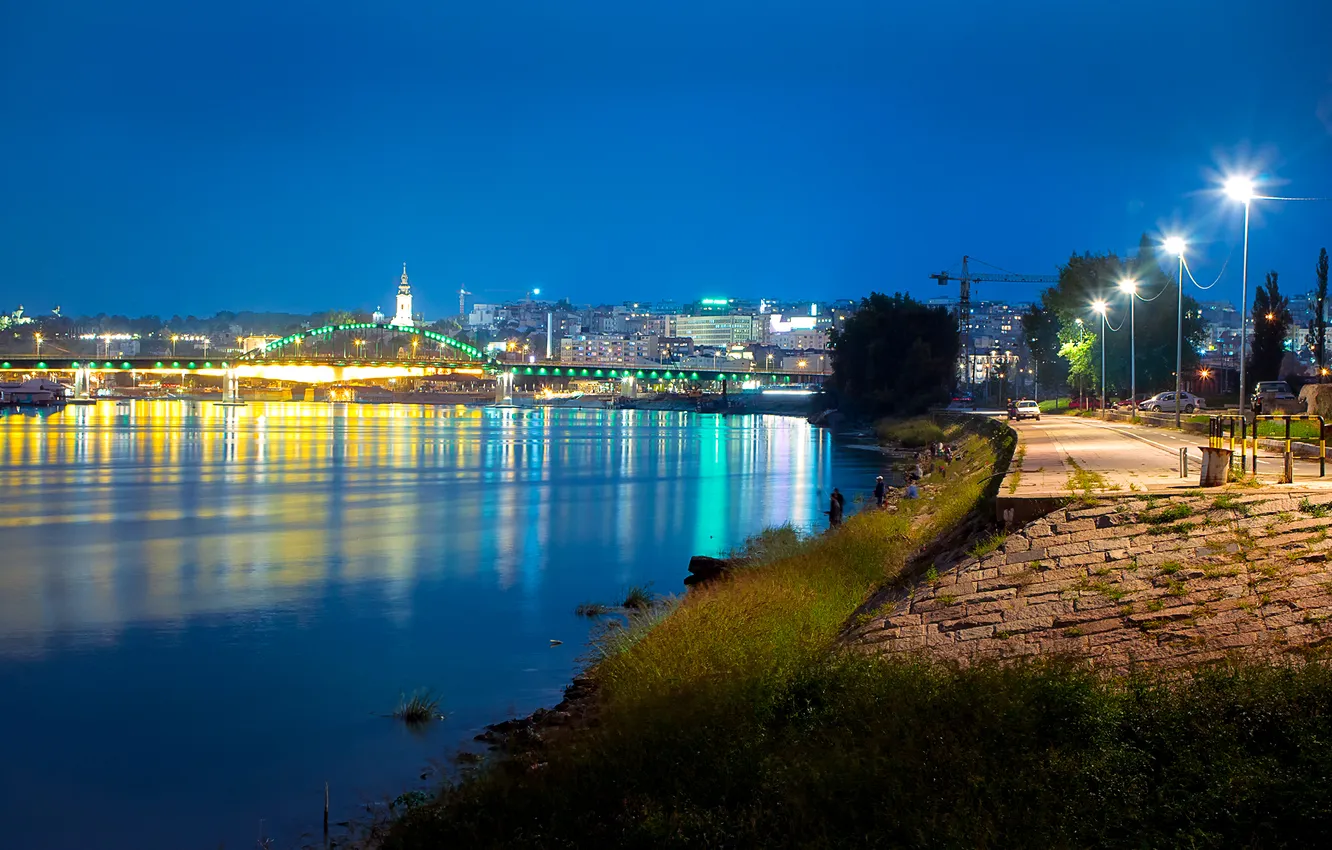 Photo wallpaper night, bridge, lights, river, home, lights, promenade, Serbia