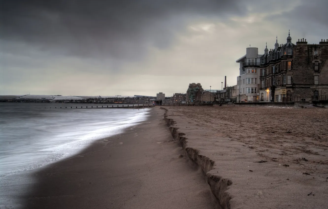 Photo wallpaper beach, clouds, Scotland, Portobello