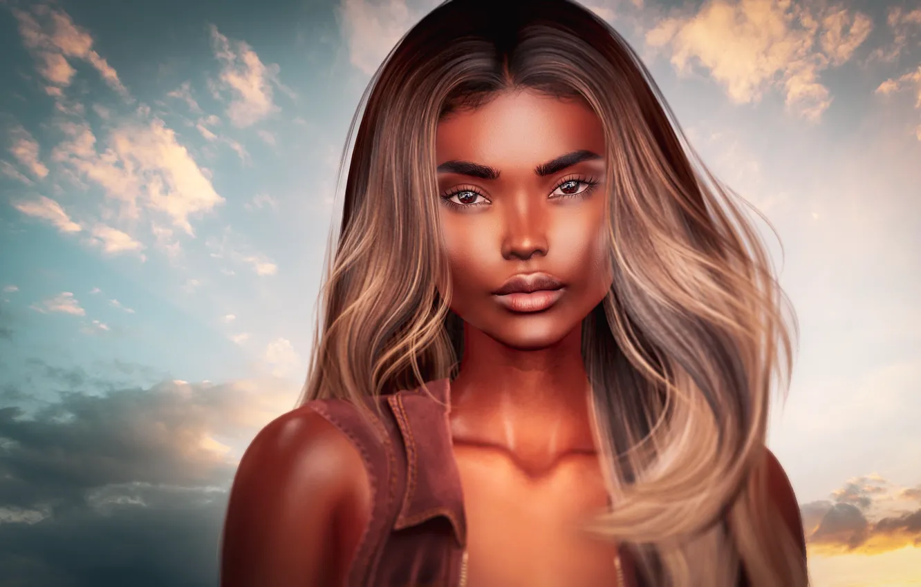 Photo wallpaper look, girl, face, rendering, background, hair