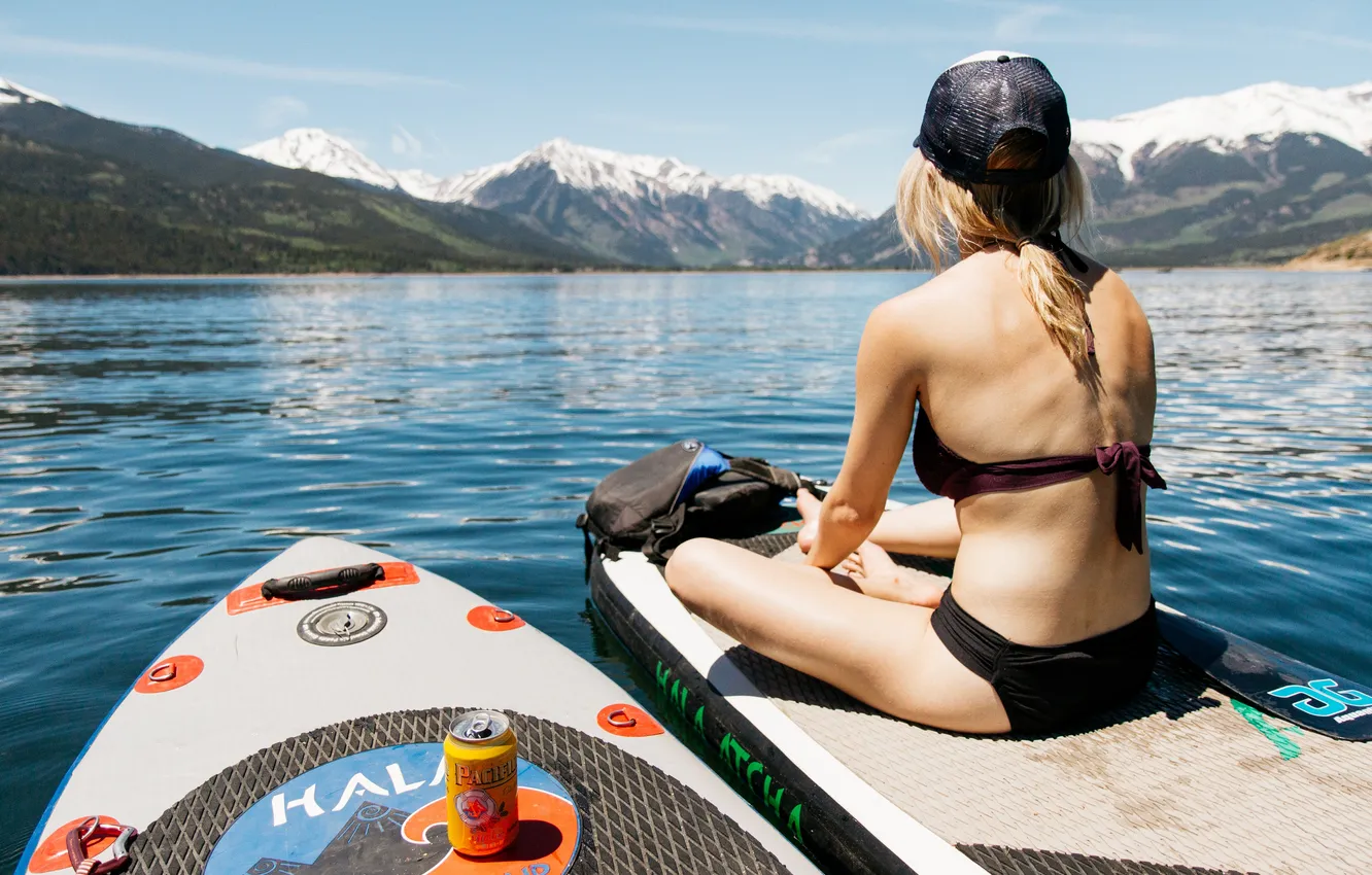 Photo wallpaper girl, landscape, mountains, lake, panorama, sapboard