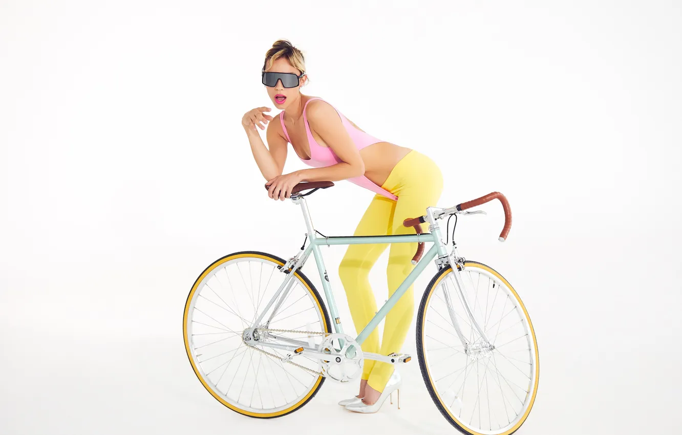 Photo wallpaper girl, bike, model, glasses, leggings