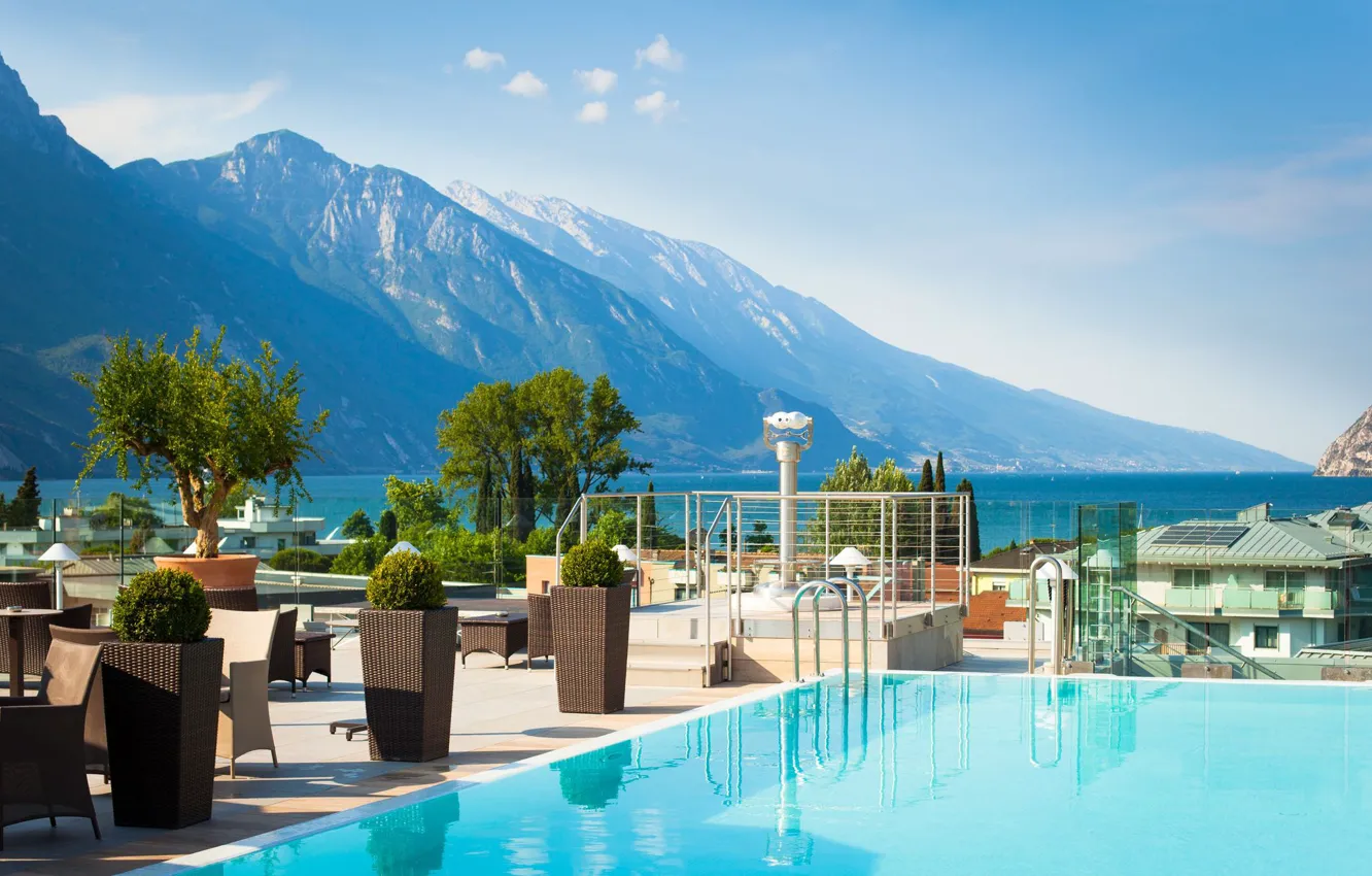 Photo wallpaper mountains, lake, pool, Alps, cafe, the hotel, Garda, Riva Del Garda