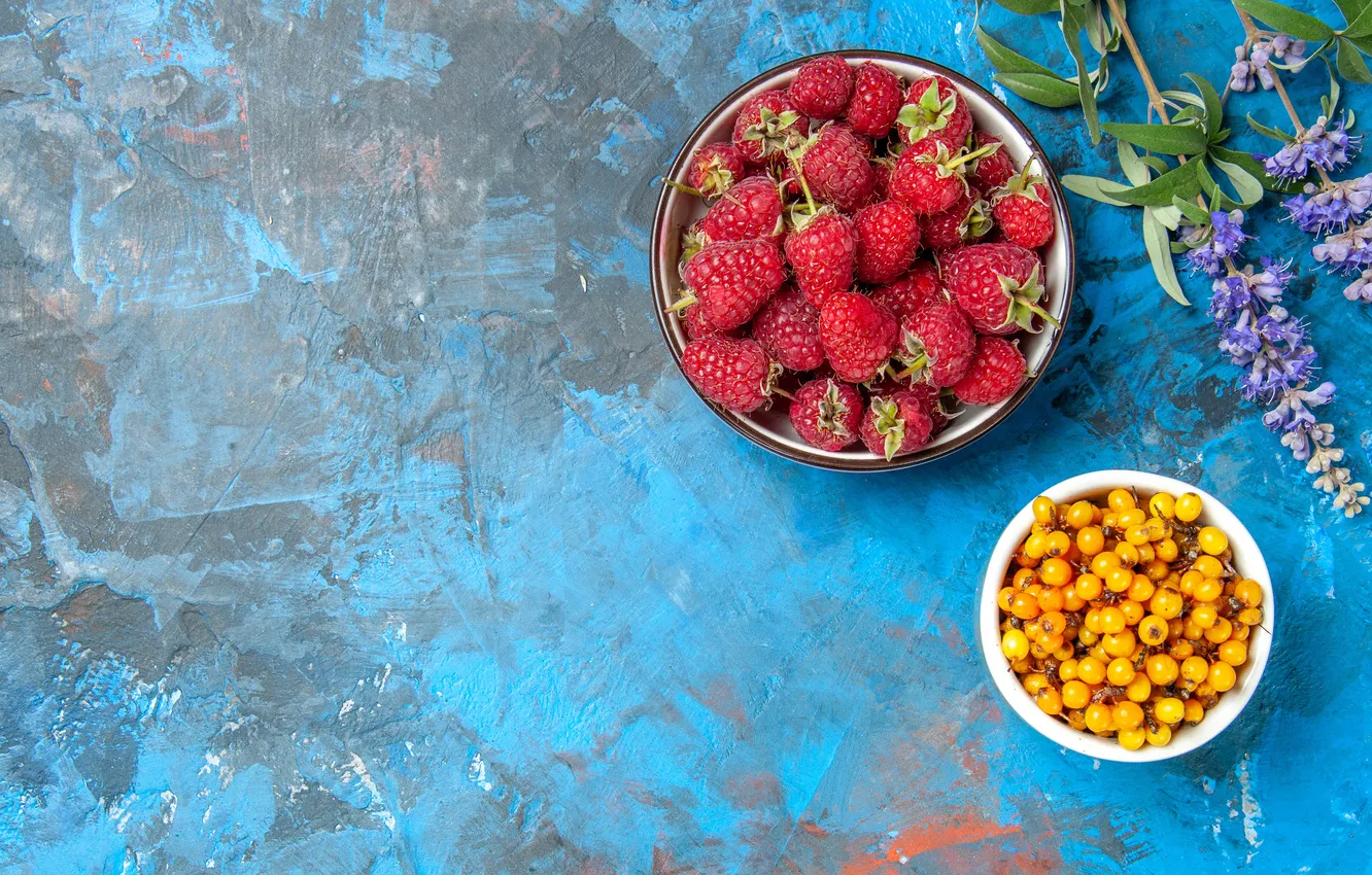 Photo wallpaper leaves, flowers, berries, raspberry, bowl, different, blue background, composition