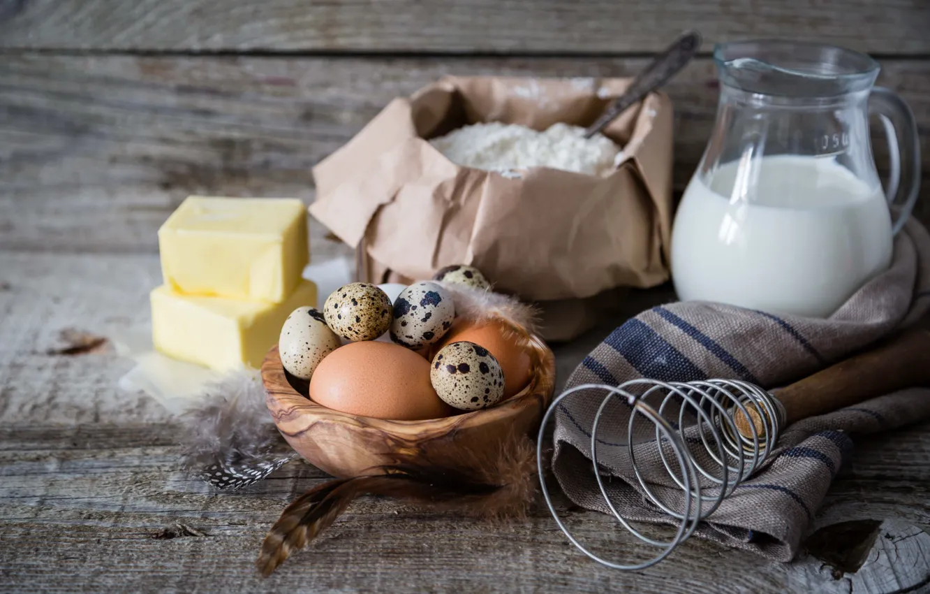 Photo wallpaper table, egg, oil, milk, cakes, background, flour, Baking