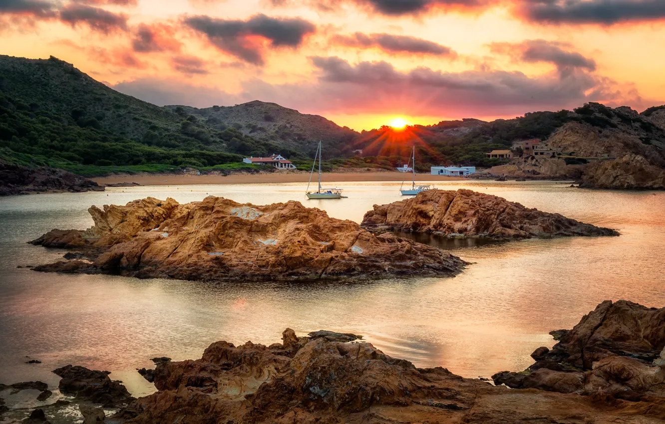 Photo wallpaper beach, the sky, the sun, clouds, trees, sunset, mountains, stones