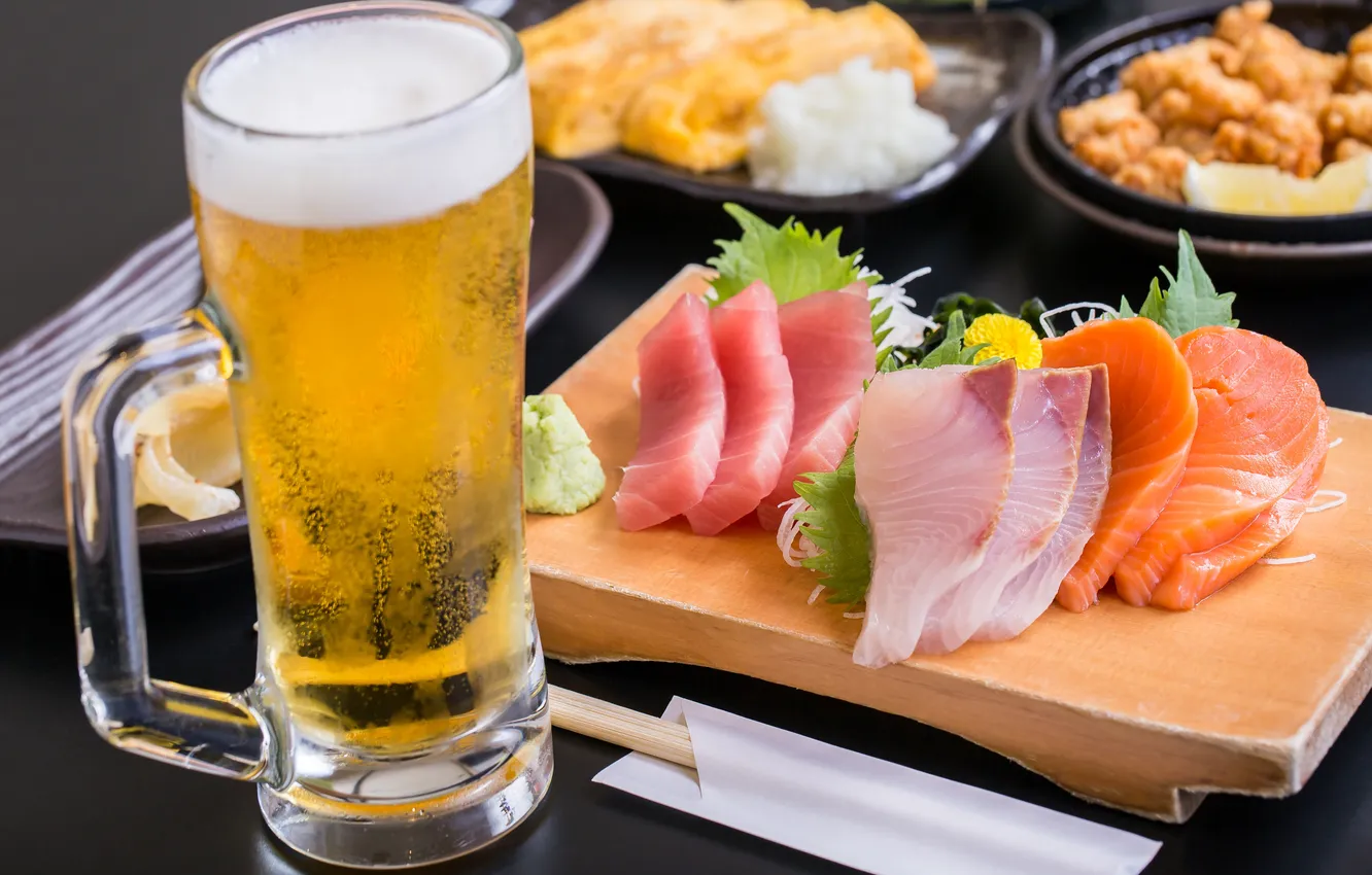 Photo wallpaper summer, japan, food, beer, fish, japanese, pub, seafood