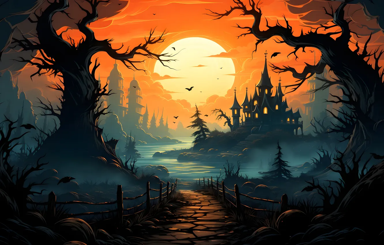 Photo wallpaper road, trees, night, clouds, lights, the moon, home, Halloween