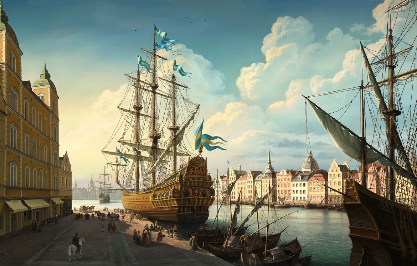 Photo wallpaper clouds, river, figure, sailboat, Ship