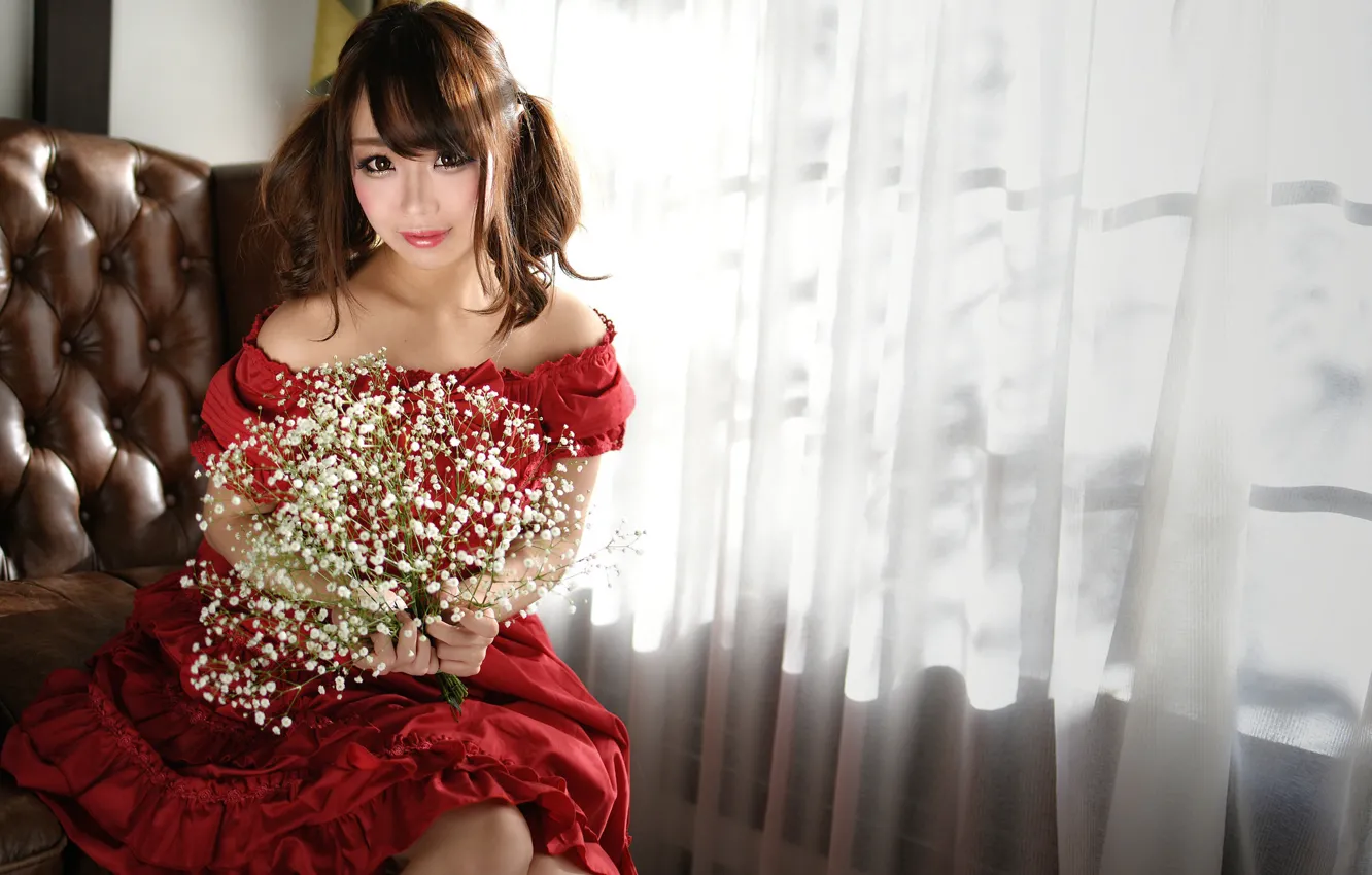 Photo wallpaper girl, close-up, sweetheart, Asian, cutie, looks, girls, flowers