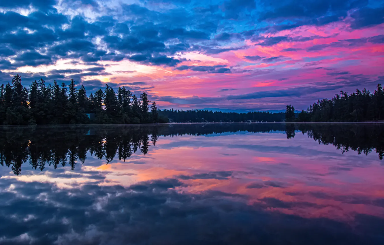 Photo wallpaper forest, the sky, lake, reflection, dawn, morning, Washington State, Washington