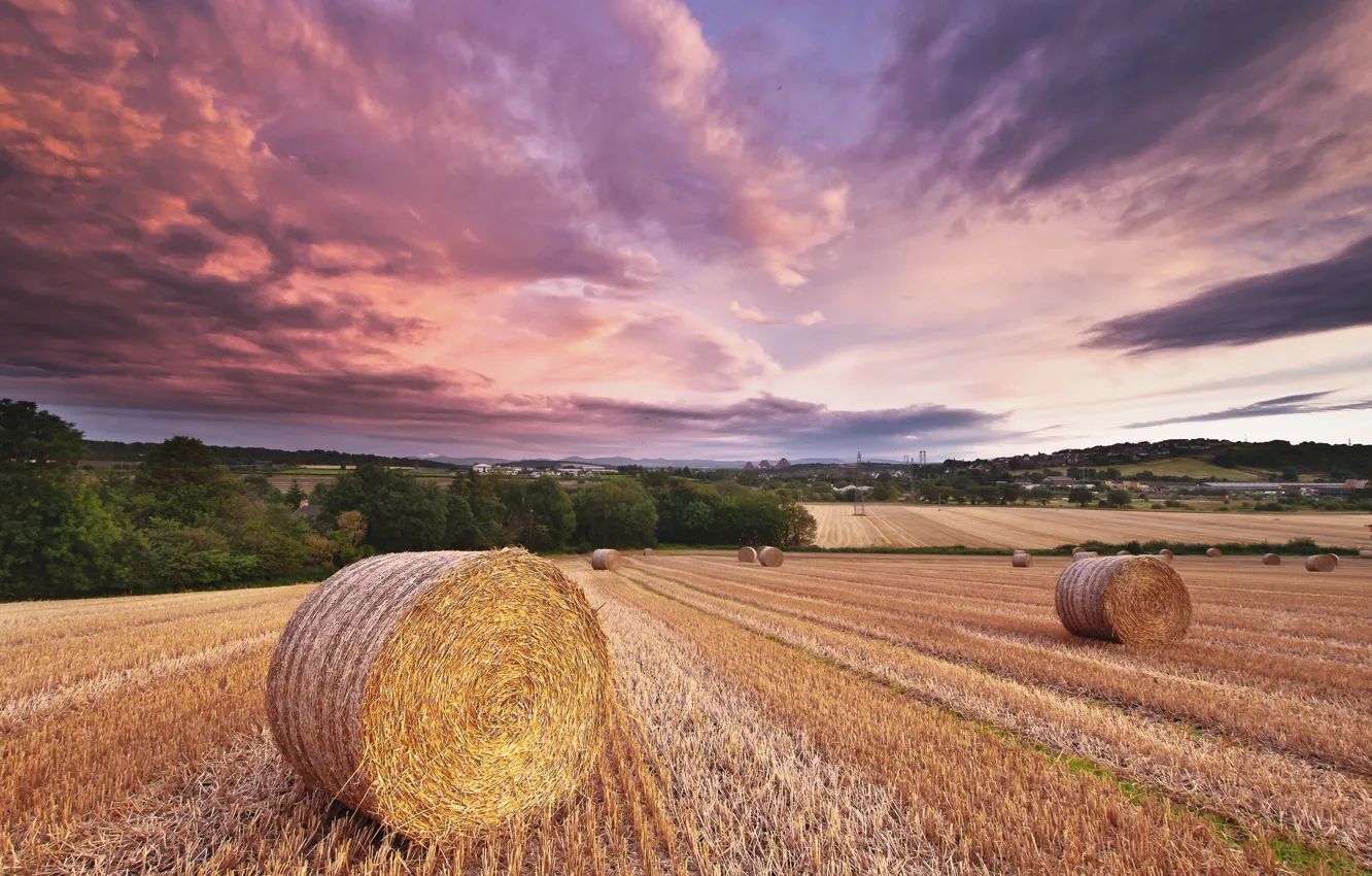 Photo wallpaper field, summer, the sky, clouds, the evening, hay, straw, rolls