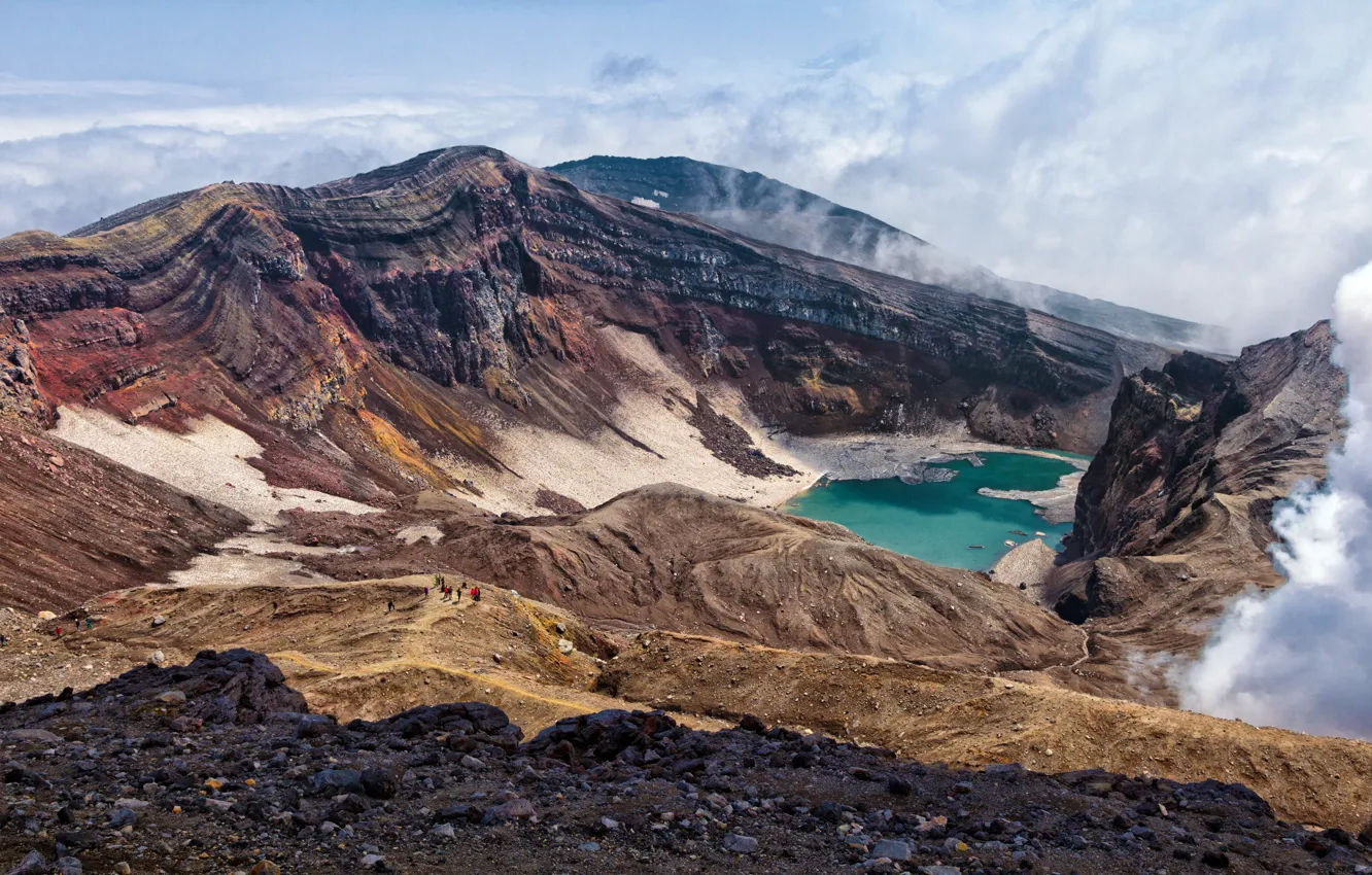 Photo wallpaper mountains, nature, lake, tops, pair, Russia, Kamchatka, tourists