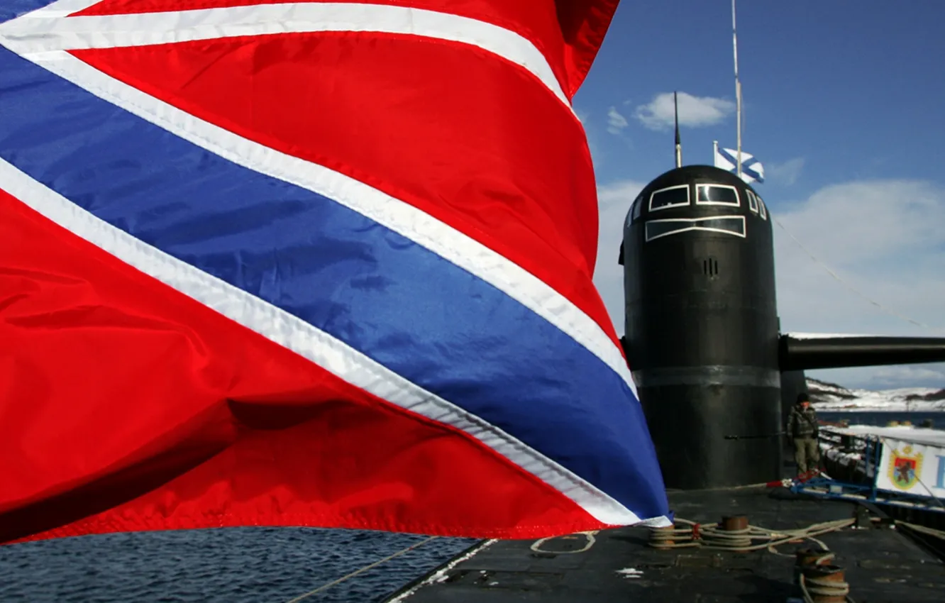 Photo wallpaper sea, flag, submarine