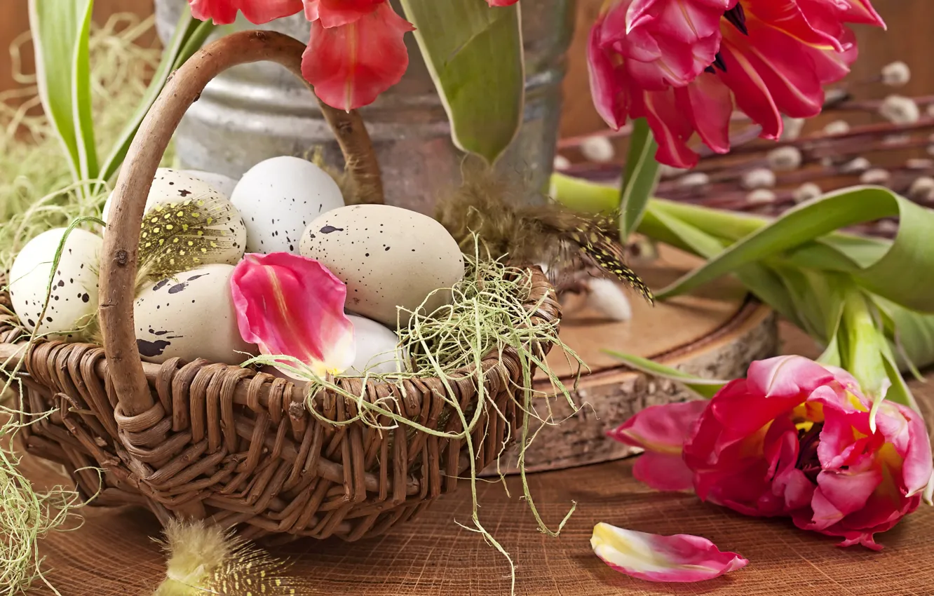 Photo wallpaper photo, Tulips, Easter, Eggs, Basket, Petals, Holiday