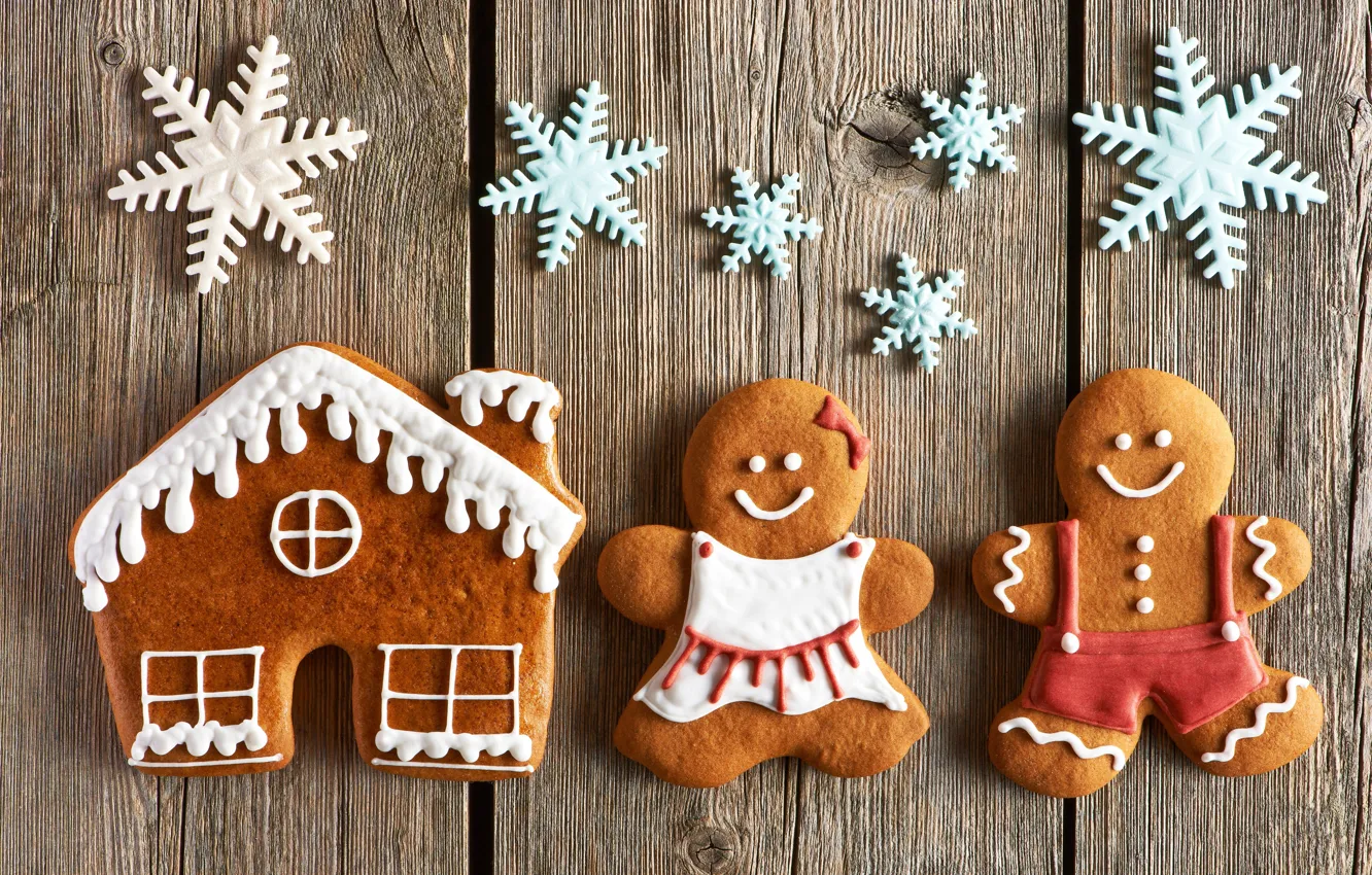 Photo wallpaper snowflakes, men, house, gingerbread