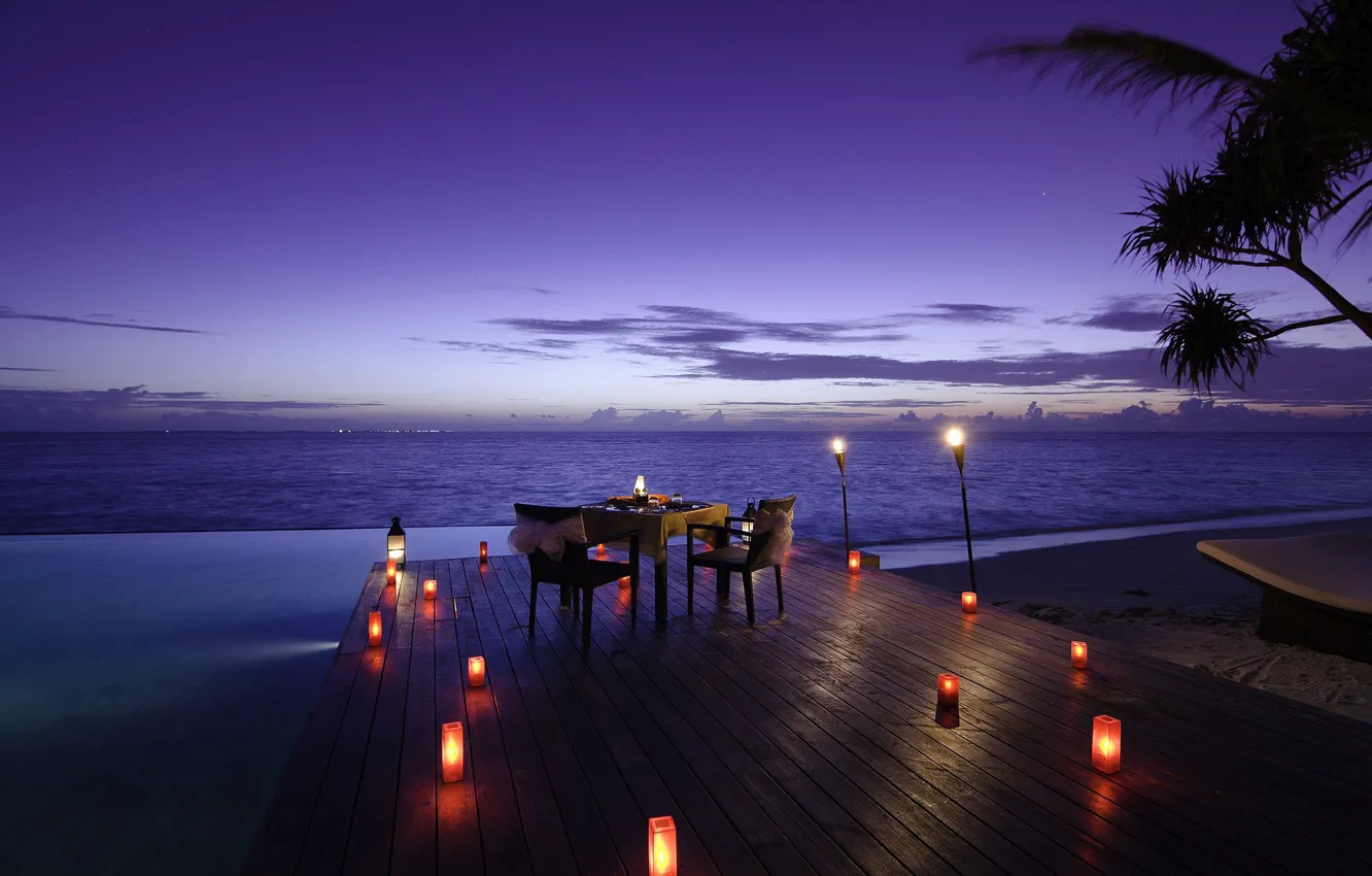 Photo wallpaper the ocean, shore, the evening, candles, pool, resort, table, Maldives