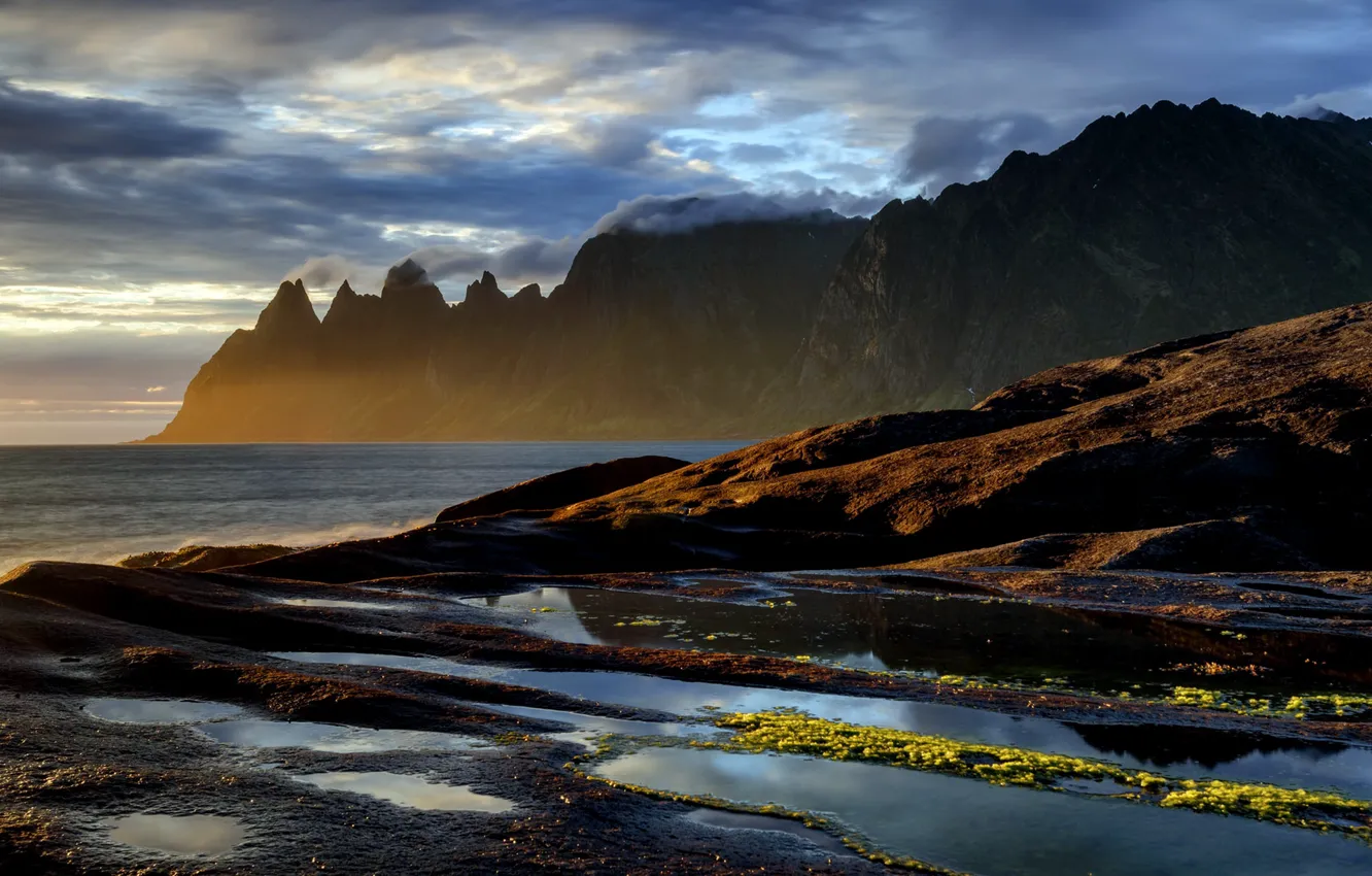 Photo wallpaper sea, mountains, shore, Norway, Senja