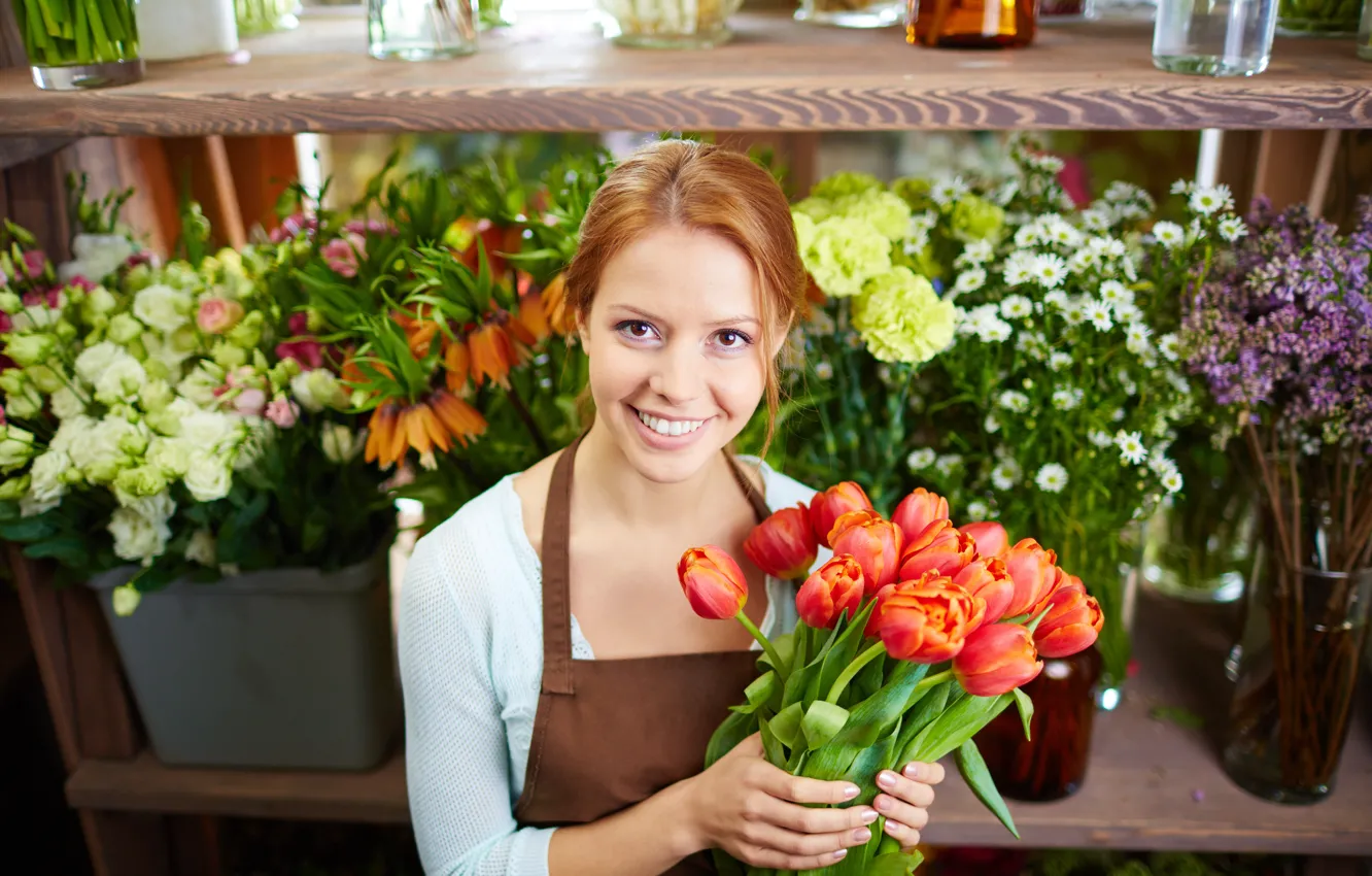 Photo wallpaper look, girl, flowers, red, bouquet, hairstyle, tulips, cute