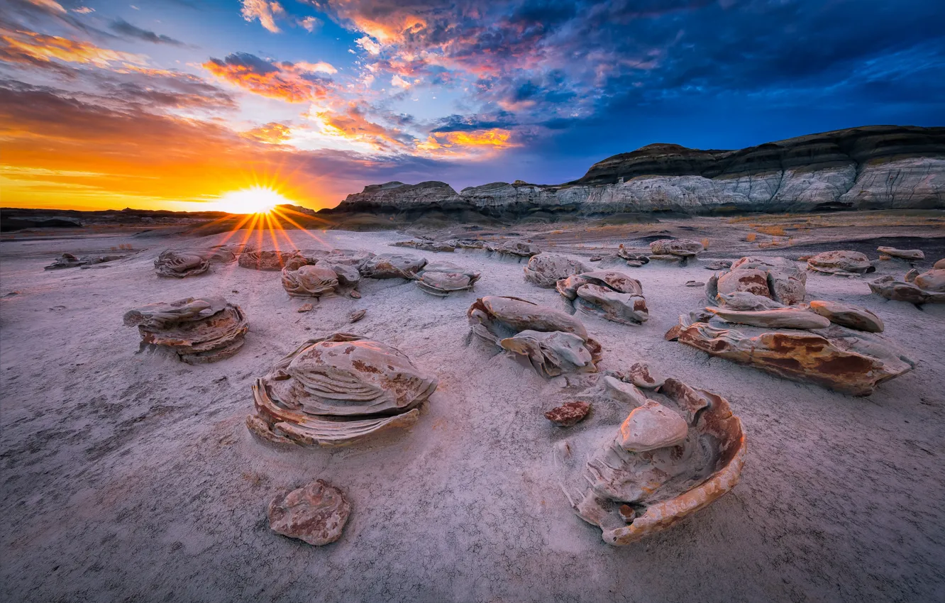 Photo wallpaper sky, desert, sunset, hills, sand