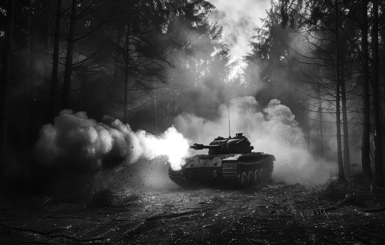 Photo wallpaper forest, trees, smoke, shot, tank, black and white, digital art, AI art