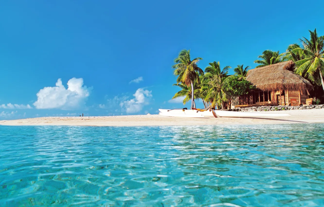 Photo wallpaper beach, tropics, palm trees, the ocean, boat, home, white sand