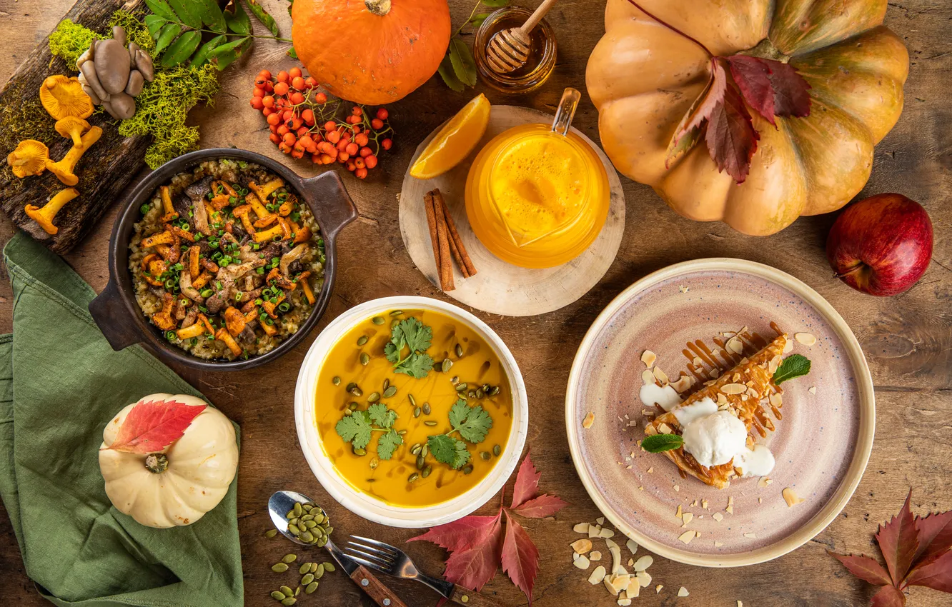 Photo wallpaper table, food, pumpkin, a lot