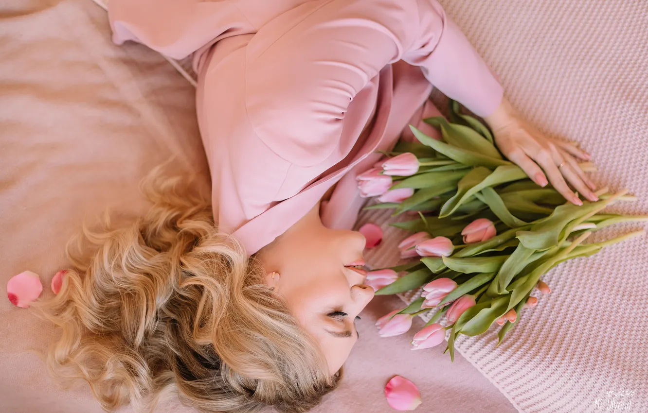 Photo wallpaper girl, flowers, pose, mood, hair, blonde, tulips, closed eyes